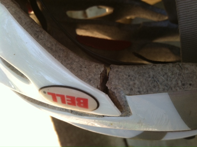 Photo showing the crack in Tex's helmet.