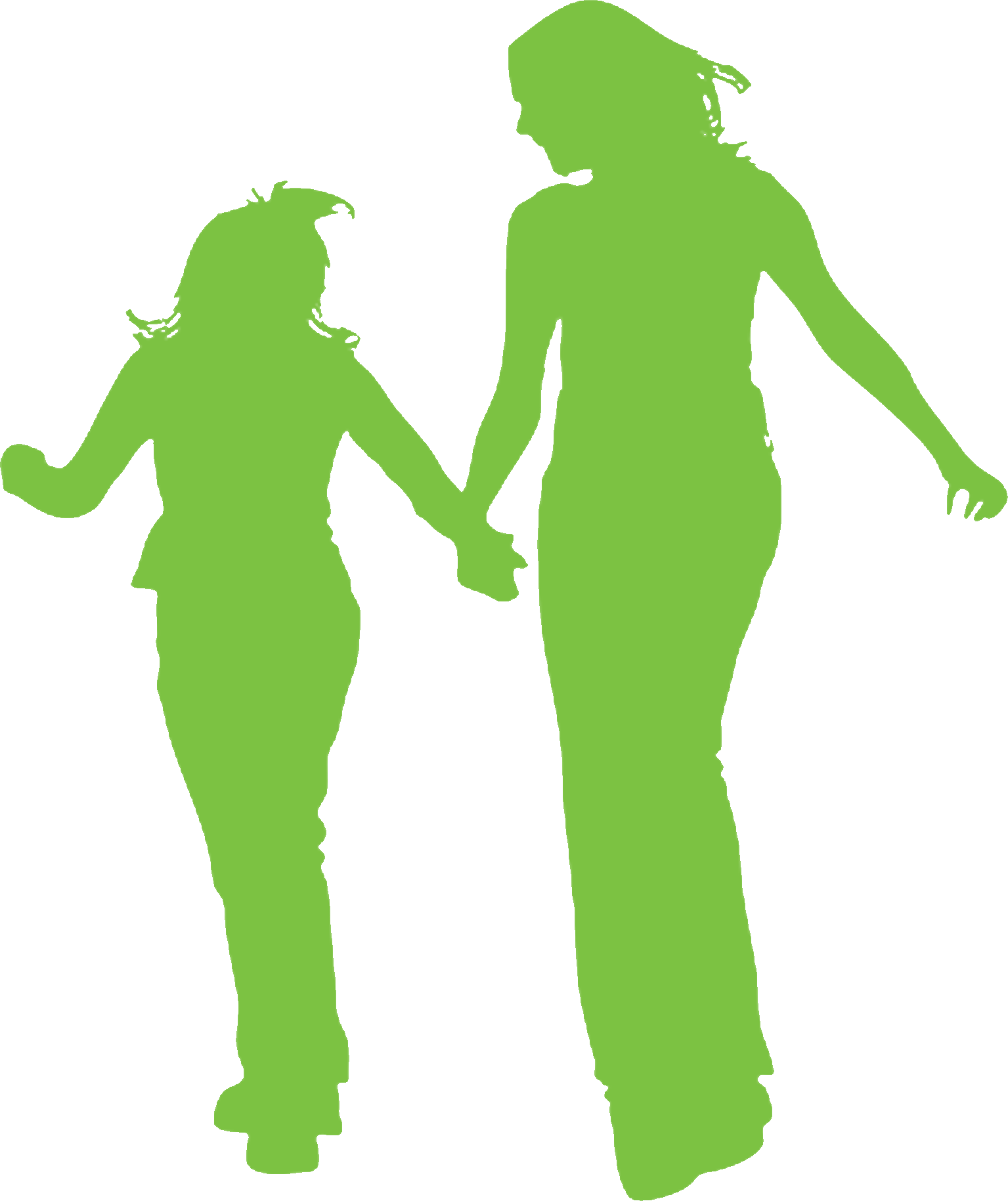 Silhouette of mother and daughter walking and talking.