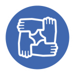blue circle with four clasped hands inside