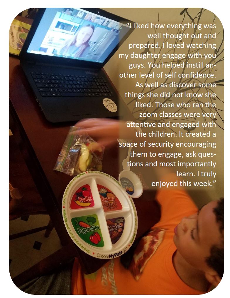 Photo of a happy camper enjoying an online Healthy Habits camp activity.