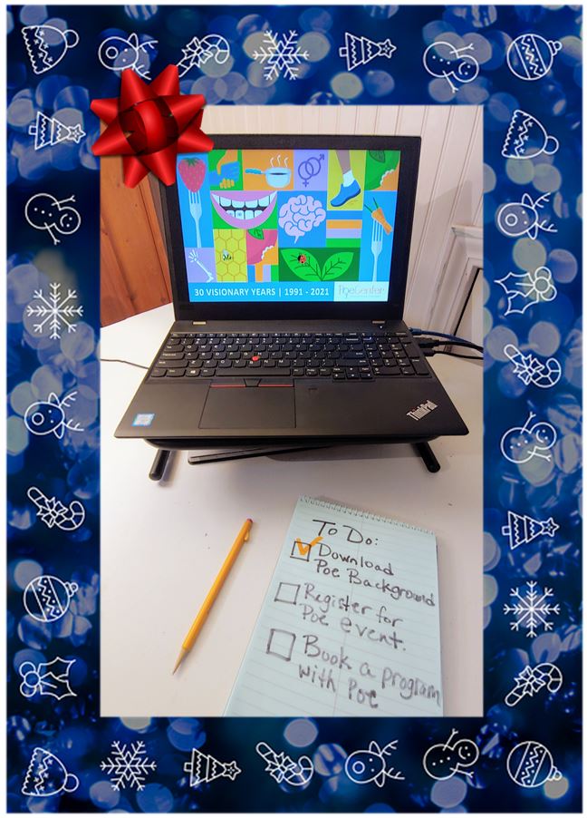 Photo of laptop with gift background framed by a blue and white holiday border topped with a red bow.