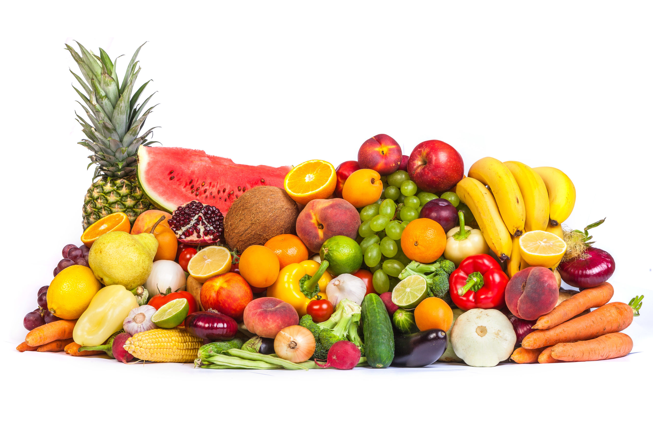 Group of fresh fruits and vegetables isolated on a white background