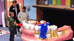 Oversized teeth being brushed by children