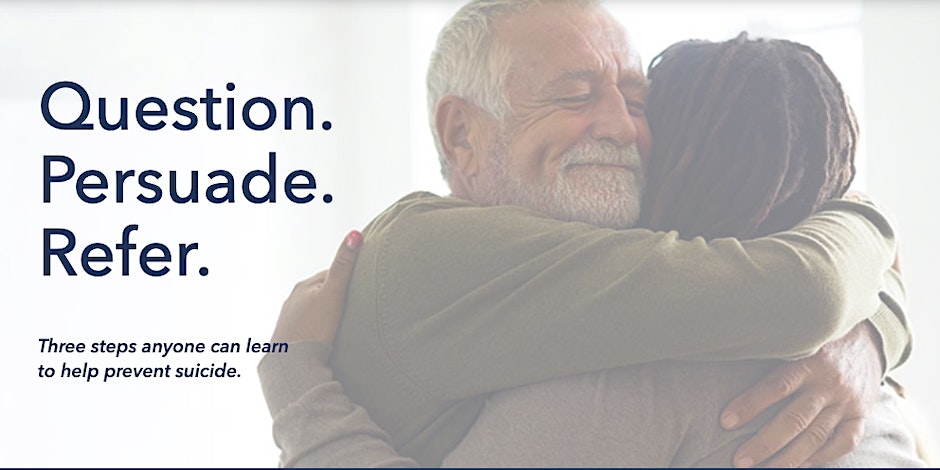 Two people hugging with the text "Question. Persuade. Refer."