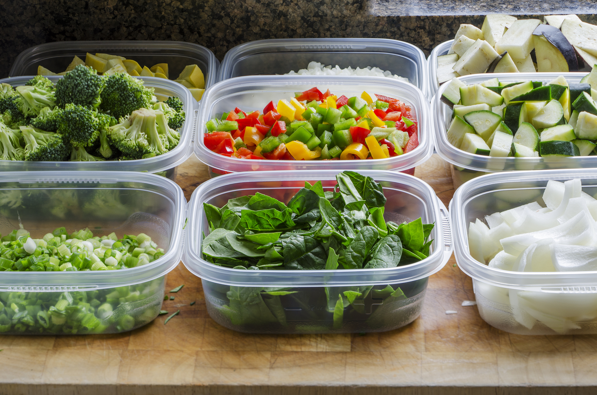 Chopped vegetables in reusable containers