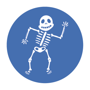 The Poe Center's General Health Icon. It is a dancing skeleton with a blue background.