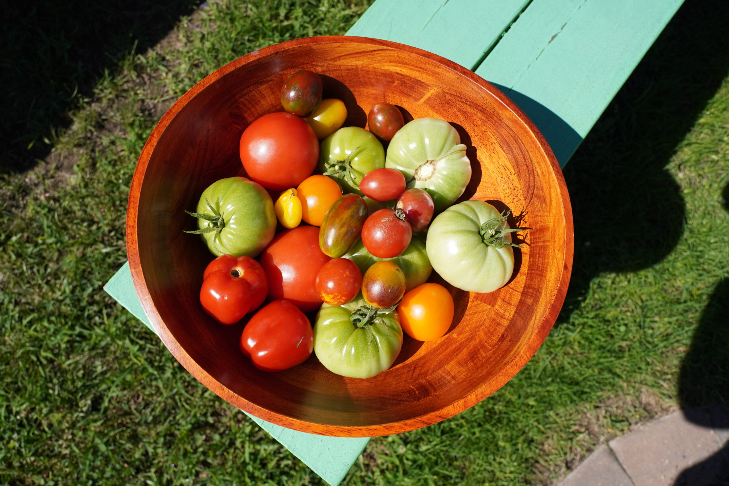 Various types of tomatoes in a wooden bowl.