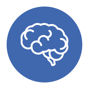 Brain outlined in white on a dark blue circle.