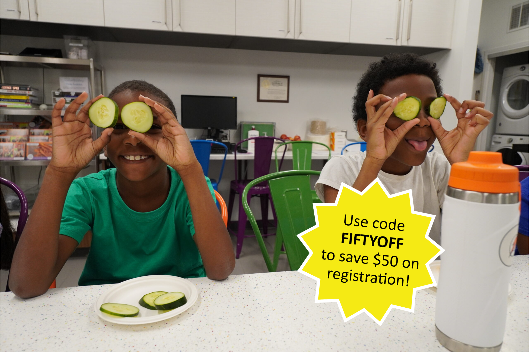 Two kids holding cucumbers up to their eyes.Use code FIFTYOFF to save $50 on registration.